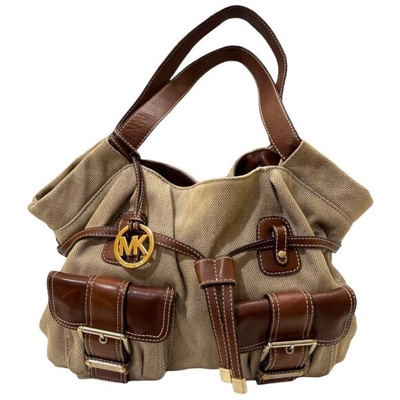 Michael Kors | Large Tan & Brown Canvas & Leather Gathered Multi Pocket Bag - Picture 1 of 16